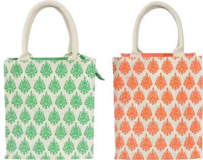 

EWB Orange Imprint & Green Imprint Jute Lunch Tiffin Bags Lunch Bag(Orange, Green, 5 L)
