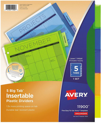 

Avery Big Tab Insertable Plastic Dividers, 5-Tabs, 1 Set (11900) Binder Index Divider(Compatible Paper Size A2)
