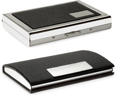 

Flipkart SmartBuy High Quality | Pack of 2 | Stylish Black Leather piece Silver Metal and Matt Soft leatherite Business Credit/debit/ATM/ID/Visiting SUPER SLEEK, STURDY 10 Card Holder(Set of 2, Black)
