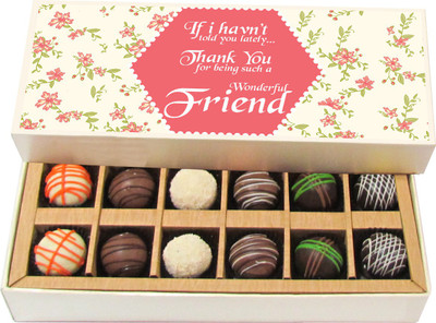 

Chocholik Friendship Gift - Thank You For Being Such A Wonderful Friend - Dark, Milk, White Chocolate - 12pc Truffles(180 g)