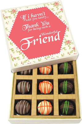 

Chocholik Friendship Gift - Thank You For Being Such A Wonderful Friend - Dark, Milk, White Chocolate - 9pc Truffles(135 g)