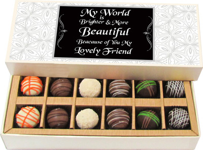 Chocholik Friendship Gift - My World Is Brighter & More Beautiful - Dark, Milk, White Chocolate - 12pc Truffles(180 g)