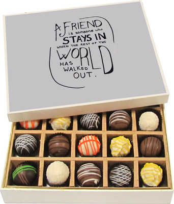 

Chocholik Friendship Gift - A Friend Is Someone Who Stays In - Dark, Milk, White Chocolate - 20pc Truffles(300 g)