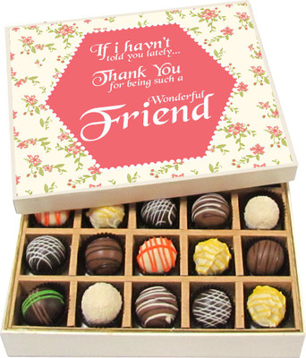 

Chocholik Friendship Gift - Thank You For Being Such A Wonderful Friend - Dark, Milk, White Chocolate - 20pc Truffles(300 g)