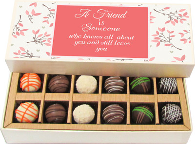 

Chocholik Friendship Gift - A Friend Is Someone Who Knows All - Dark, Milk, White Chocolate - 12pc Truffles(180 g)