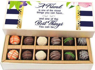 

Chocholik Friendship Gift - A Friend Is One of the Nicest Thing - Dark, Milk, White Chocolate - 12pc Truffles(180 g)