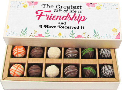 

Chocholik Friendship Gift - Friendship Is Greatest Gift - Dark, Milk, White Chocolate - 12pc Truffles(180 g)