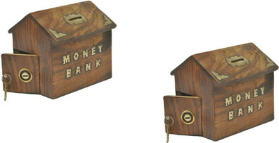 

Sublime Arts PACK OF 2 WOODEN HANDMADE BRASS WORK safe-depositBOX /treasure BOX/GULLAK/ MONEY/ Coin Bank(Brown)
