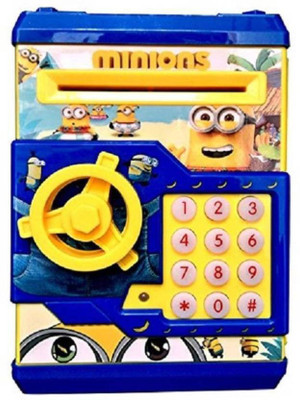 

Apx Toys Battery Operated Mini ATM Safe Kids Piggy Saving ATM Bank with Electronic Lock Coin Bank Cash Deposit Cartoon Minion for Kids Coin Bank(Multicolor)