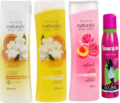 

Avon Anew Naturals mandarin & jasmine body lotion (200 ml) & one Naturals mandarin & jasmine shower gel (200 ml) & one Naturals Body care Rose & Peach Shower Gel (200 ml) With one sparkle perfume spray 150 ml(Set of 4)