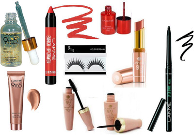 

9 to 5 Eyelashes, Lakme weightless mousse foundation, gold radiance youth infinity skin face serum, enrich lip crayon, Mirror Nail Polish, Crease Less Lipstick, liquid eyeliner & mascara with eyeconic kajal(Set of 9)