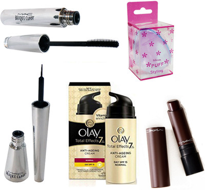 

Styling Silicon Puff With Mac Brooke Candy Eyeliner & Mascara With Liptensity Lipstick & Olay Total Effects 7 in one Anti-Ageing Cream(Set of 5)