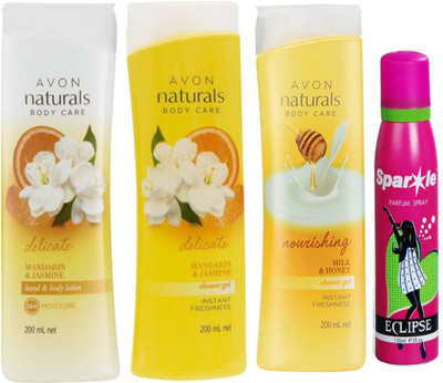 

Avon Anew Naturals mandarin & jasmine body lotion (200 ml) & one Naturals mandarin & jasmine shower gel (200 ml) & one Naturals Body Care Nourishing Milk & Honey Shower Gel (200 ml) With one sparkle perfume spray 150 ml(Set of 4)