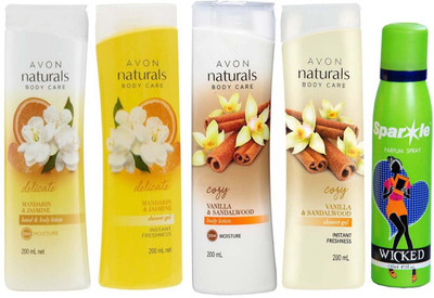 

Avon Anew Naturals mandarin & jasmine body lotion (200 ml) & one Naturals mandarin & jasmine shower gel (200 ml) & one vanilla and sandalwood shower gel 200 ml & one vanilla and sandalwood hand and body lotion 200 ml With one sparkle perfume spray 150 ml(