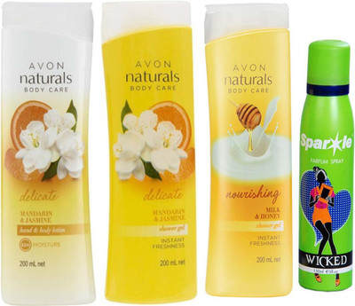 

Avon Anew Naturals mandarin & jasmine body lotion (200 ml) & one Naturals mandarin & jasmine shower gel (200 ml) & one Naturals Body Care Nourishing Milk & Honey Shower Gel (200 ml) With one sparkle perfume spray 150 ml(Set of 4)