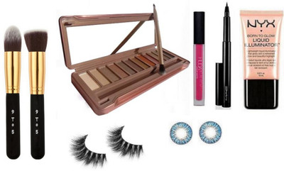 

9 to 5 Make Up Brush 2, Huda Beauty Liquid Lip Gloss, Naked 9 Eyeshadow Palette,NYX Born To Glow Liquid Illuminator, Mac Pen Eyeliner, Eye Contact Lences, Eyelashes(Set of 8)