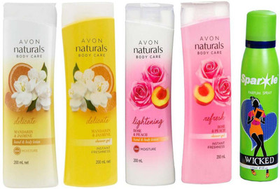 

Avon Anew Naturals Body Care Rose & Peach hand & body lotion (200 ml) & one Naturals Body care Rose & Peach Shower Gel (200 ml) & one Naturals mandarin & jasmine body lotion (200 ml) & one Naturals mandarin & jasmine shower gel (200 ml) With one sparkle p