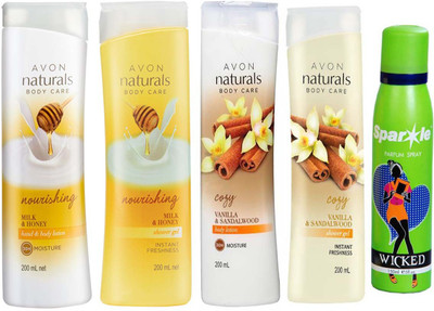 

Avon Anew Naturals Milk & Honey Hand & Body Lotion (200 ml) & one Naturals Body Care Nourishing Milk & Honey Shower Gel (200 ml) & one vanilla and sandalwood shower gel 200 ml & one vanilla and sandalwood body lotion 200 ml With one sparkle perfume spray 