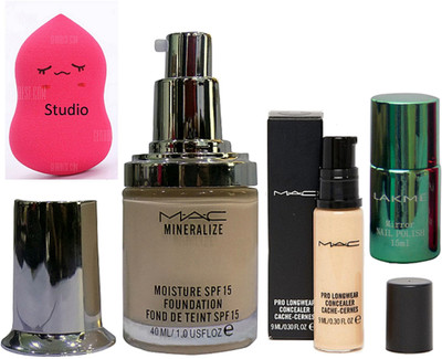 

studio Sponge Puff, Mac mineralize moisture Liquid Foundation & Pro Longwear Concealer & Mirror Green Shade Nail Polish(Set of 4)