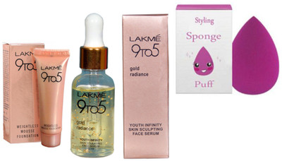 

styling Sponge Puff&9To5 Gold Radiance Face Serum&9To5 Weightless Moussse Fondation 6gm(Set of 3)