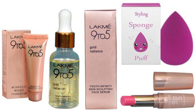 

styling Sponge&Lakme9To5 Gold Radiance Face Serum&Lakme 9To5 Weightless Mousse Fundation&Lakme 9To5 Lipistick(Set of 4)