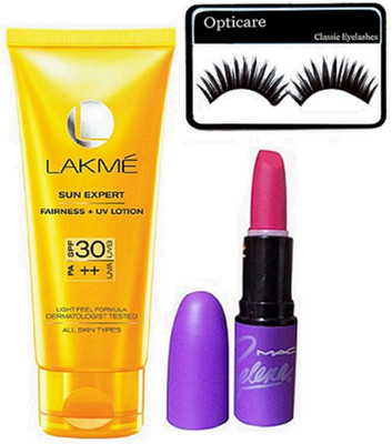 

opticare Eyelashes& Sun Lakme Expert SPF30 UV Lotion , Selena Lipstick(Set of 3)