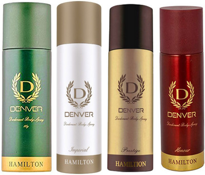 

Denver HONOUR DEODORANT 165 ML+PRESTIGE DEODORANT 165 ML+ HAMILTON DEODORANT 165 ML+ IMPERIAL DEODORANT 165 ML Deodorant Spray - For Men & Women(165 ml, Pack of 4)