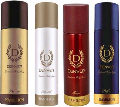 

Denver PRESTIGE DEODORANT 165 ML+IMPERIAL DEODORANT 165 ML+HONOUR DEODORANT 165 ML+PRIDE DEODORANT 165 ML Deodorant Spray - For Men & Women(165 ml, Pack of 4)