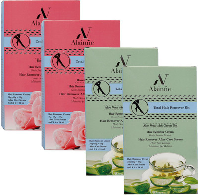 

Alainne Total Hair Remover Kit Roseate & Aloevera with Green (each 25+8 gm) Cream(100 g, Set of 4)