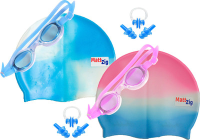 MattZig Zigsy (Two Swimming Caps + Two Swimming Goggles + Two Nose Clips + Two Pairs of Ear Plugs) Swimming Kit
