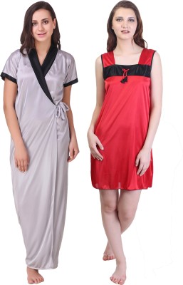 KEOTI Women Nighty with Robe(Silver, Red)