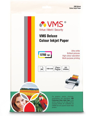 

VMS Deluxe Colour High Glossy Inkjet Photo Paper A4 (210 x 297 mm) 150 GSM 20 Sheets Unruled A4 Inkjet Paper(Set of 1, White)