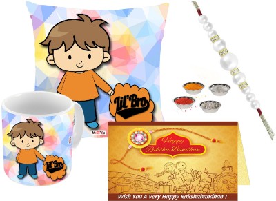 ME&YOU Designer IZ18NPKCMRCD-B-394 Pearl Cushion, Rakhi, Greeting Card, Mug  Set(1 Printed Cushion Cover (Size-12*12 Inch), 1 Vacuum Microfiber Filler, 1 Card (Size-4*5.5 Inch), 1 Pearl Rakhi, 1 Roli Set, 1 Printed Mug)