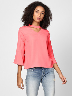 HARPA Casual Bell Sleeve Solid Women Pink Top