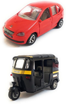 

The Game begins Combo Toys of Indica Car and Auto Rickshaw Toy | Miniature/Model Toys | Pull back and Go | Openable Doors | Red and Black Color(Multicolor)