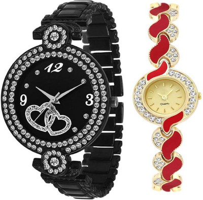 TRUE KART Awesome Look Red Metal Strap Diamond Studded Watch - For Women