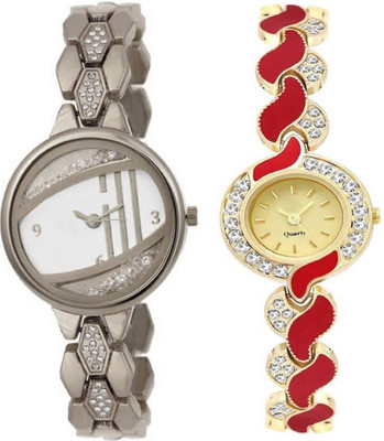

TRUE KART Paris Style Red Metal Strap Diamond Studded Bracelet Watch - For Women