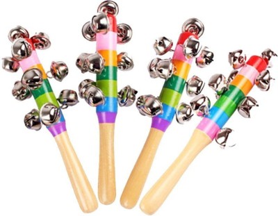 BuzyKart Colorful Wooden Rainbow Handle Jingle Bell Rattle Toy Crib Shaker Stick - Set Of 4 Rattle(Multicolor)