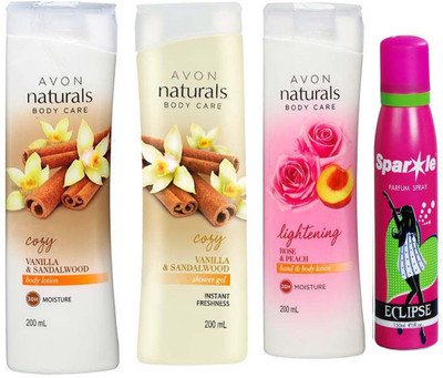 

Avon Anew vanilla and sandalwood shower gel 200 ml & one vanilla and sandalwood hand and body lotion 200 ml & one Naturals Body Care Rose & Peach hand & body lotion (200 ml) With one sparkle perfume spray 150 ml(Set of 4)