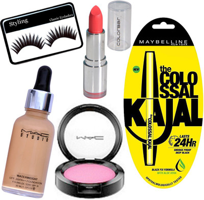 

styling Eyelashes&Mac Studio Waterweight Spf Foundation&Pink Shade Blusher&ColrBar Lipistick&Colossal Kajal(Set of 5)