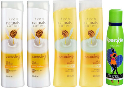 

Avon Anew two Naturals Milk & Honey Hand & Body Lotion (200 ml) & two Naturals Body Care Nourishing Milk & Honey Shower Gel (200 ml) With one sparkle perfume spray 150 ml(Set of 5)