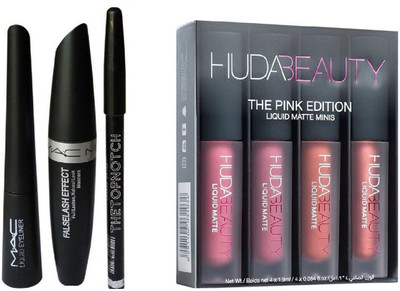 

TheTopNotch Eyebrow Pencil Black & Mac Liquid Eye Liner & Mac Mascara (MAC 3in1) & Huda Beauty Pink Edition(Set of 4)