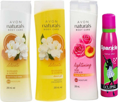 

Avon Anew Naturals mandarin & jasmine body lotion (200 ml) & one Naturals mandarin & jasmine shower gel (200 ml) & one Naturals Body Care Rose & Peach hand & body lotion (200 ml) With one sparkle perfume spray 150 ml(Set of 4)