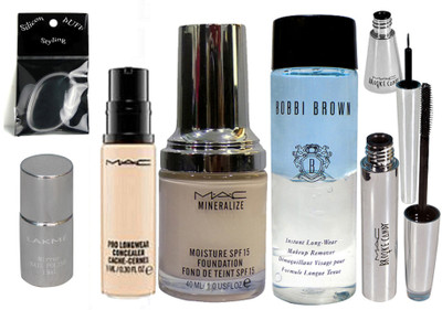 

styling Silicon Puff&Brooke Candy Eyeliner&Mascara&Lakme Nail Colour&Pro Longwear Concealer&Bobbi Brown Makeup Remover&Mac Mineralize Foundation(Set of 7)