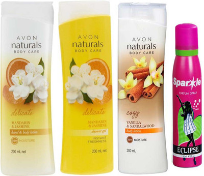 

Avon Anew Naturals mandarin & jasmine body lotion (200 ml) & one Naturals mandarin & jasmine shower gel (200 ml) & one vanilla and sandalwood body lotion 200 ml With one sparkle perfume spray 150 ml(Set of 4)