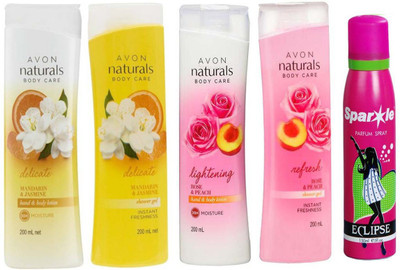 

Avon Anew Naturals Body Care Rose & Peach hand & body lotion (200 ml) & one Naturals Body care Rose & Peach Shower Gel (200 ml) & one Naturals mandarin & jasmine body lotion (200 ml) & one Naturals mandarin & jasmine shower gel (200 ml) With one sparkle p