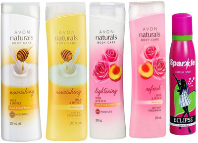 Avon Anew Naturals Milk & Honey Hand & Body Lotion (200 ml) & one Naturals Body Care Nourishing Milk & Honey Shower Gel (200 ml) & one Naturals Body Care Rose & Peach hand & body lotion (200 ml) & one Naturals Body care Rose & Peach Shower Gel (200 ml) Wi