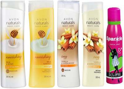 

Avon Anew Naturals Milk & Honey Hand & Body Lotion (200 ml) & one Naturals Body Care Nourishing Milk & Honey Shower Gel (200 ml) & one vanilla and sandalwood shower gel 200 ml & one vanilla and sandalwood body lotion 200 ml With one sparkle perfume spray 