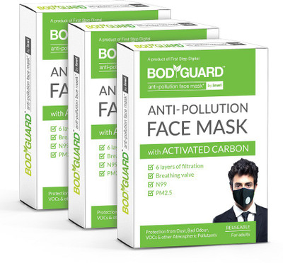 

BodyGuard Reusable Anti Pollution Mask with Activated Carbon, N99 + PM2.5 for Men and Women (Pack of 3) Mask and Respirator