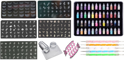 

Royalkart Master Nail Art Kit With 5 Image Plates, 1 Silicone Stamper and Scrapper,48pcs Glitter Bottles,5pcs Double-Sided Dotting Tool, 1 Finger Nail Rest(Multicolor)